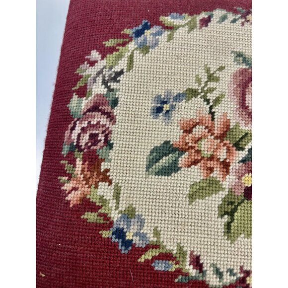 Mahogany Footstool Floral Needlepoint Cushion Foot Rest Vintage Flowers Burgandy - Picture 8 of 16